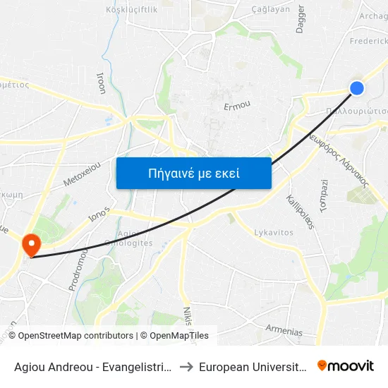 Ag. Andreou - Evangelistria Church to European University Cyprus map