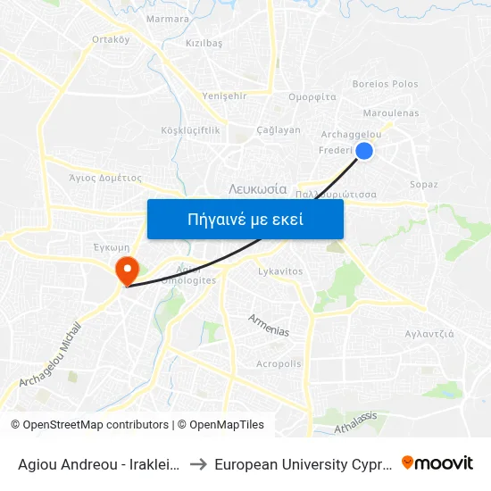 Ag. Andreou - Irakleiou to European University Cyprus map