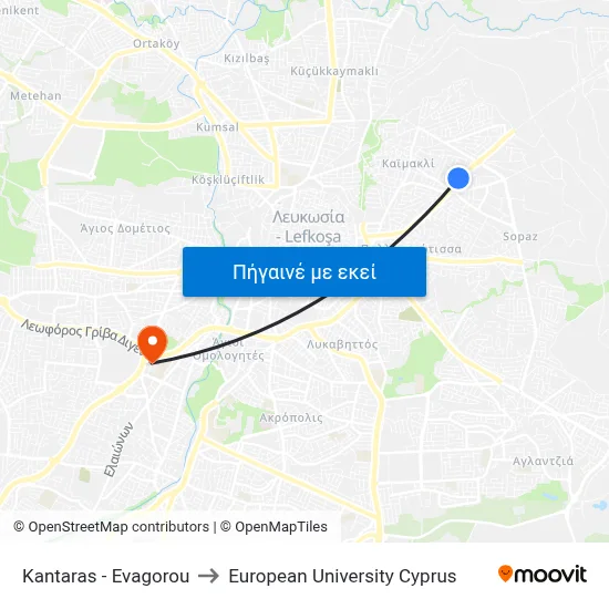Kantaras - Evagorou to European University Cyprus map