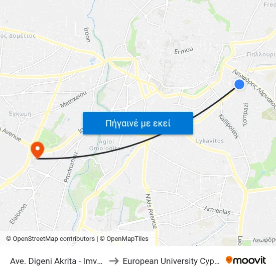 Ave. Digeni Akrita - Imvrou to European University Cyprus map