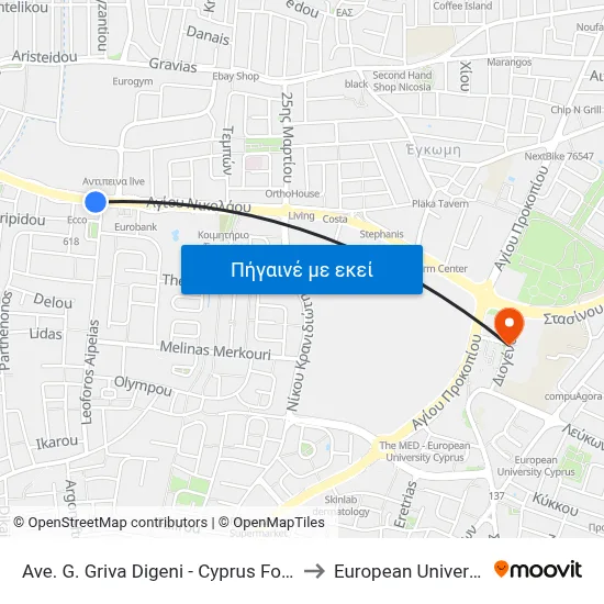 Ave. G. Griva Digeni - Cyprus Football Association to European University Cyprus map