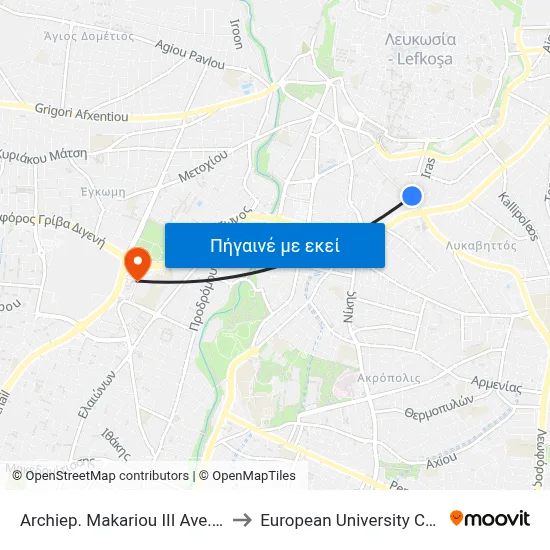 Archiep. Makariou III Ave. - Iras to European University Cyprus map