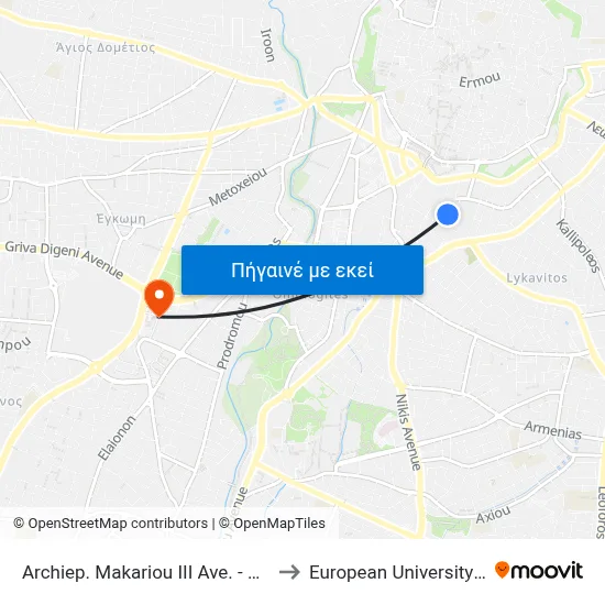 Archiep. Makariou III Ave. - Mnasiadou to European University Cyprus map
