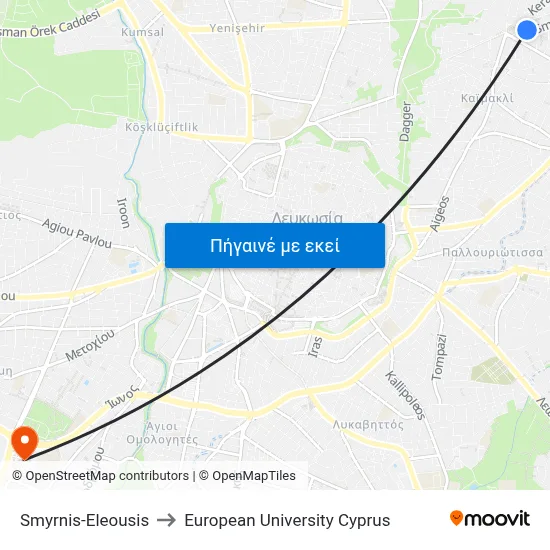 Smyrnis-Eleousis to European University Cyprus map