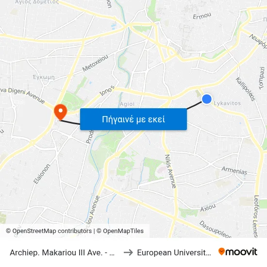 Archiep. Makariou III Ave. - Dimofontos to European University Cyprus map