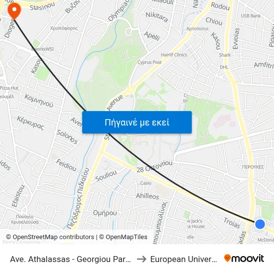 Ave. Athalassas - Georgiou Paraskevaidi Avenue to European University Cyprus map