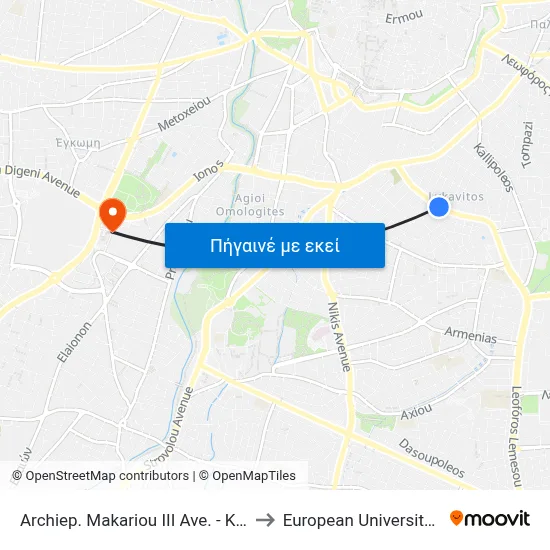 Archiep. Makariou III Ave. - Karpenisiou to European University Cyprus map