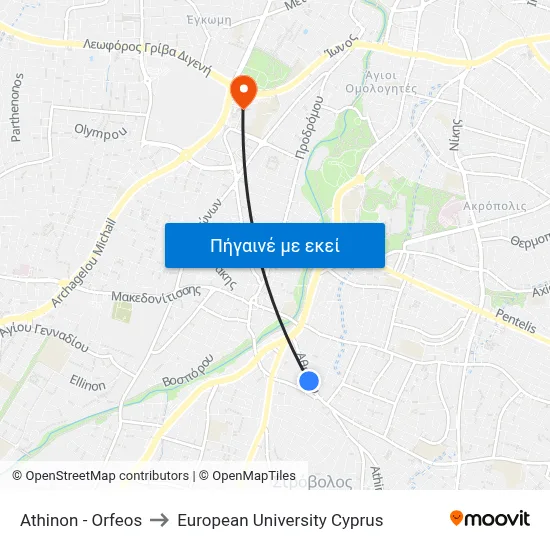 Athinon - Orfeos to European University Cyprus map