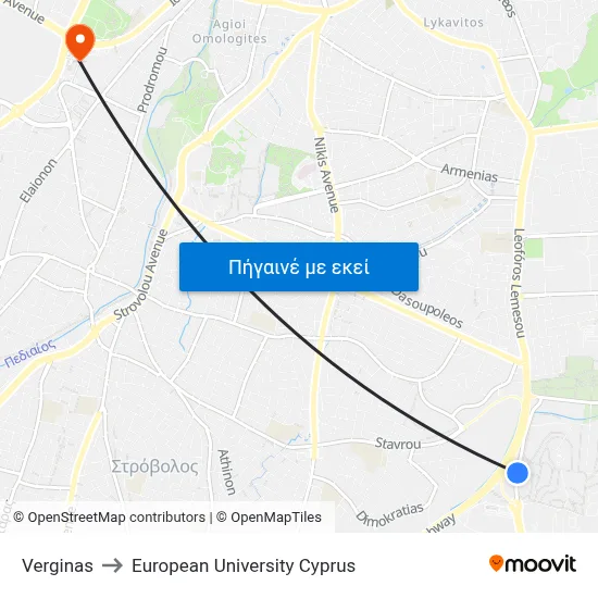 Verginas to European University Cyprus map