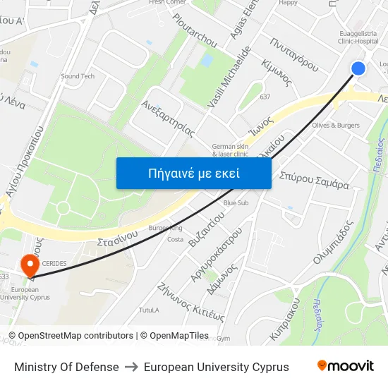 Ministry Of Defense to European University Cyprus map