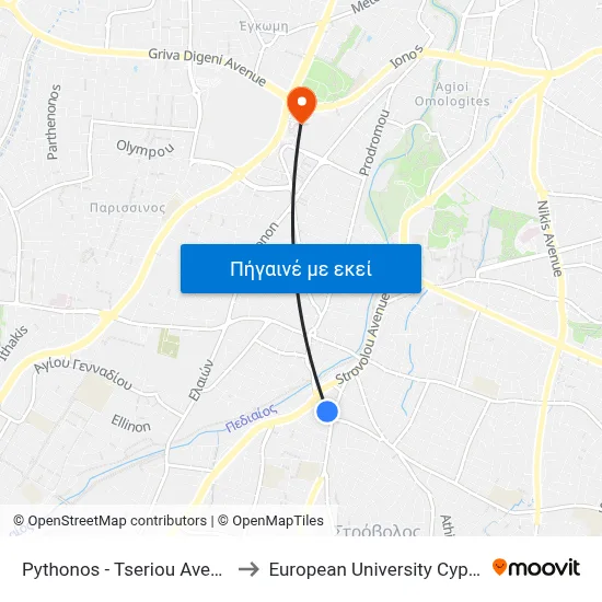 Pythonos - Tseriou Avenue to European University Cyprus map