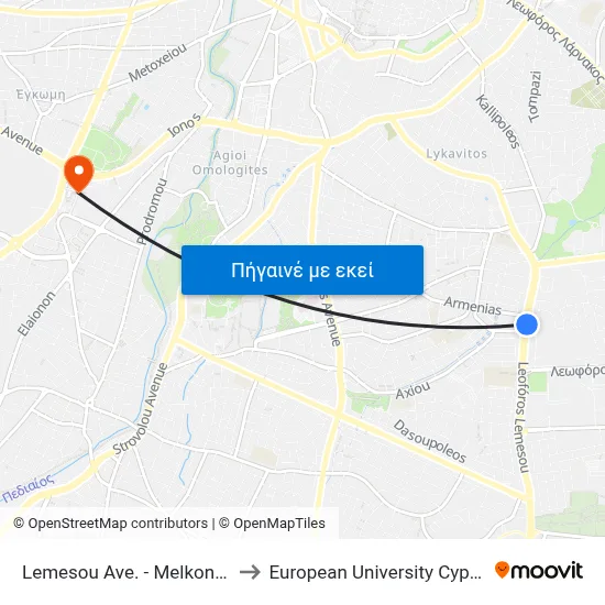 Lemesou Ave. - Melkonian to European University Cyprus map