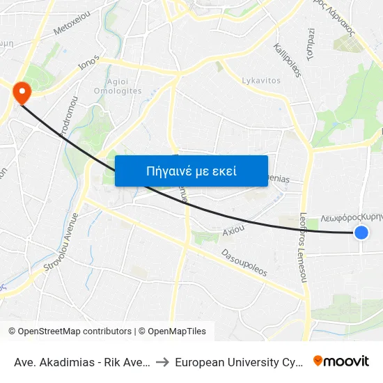 Ave. Akadimias - Rik Avenue to European University Cyprus map