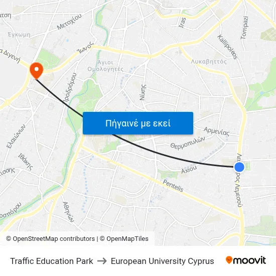 Traffic Education Park to European University Cyprus map