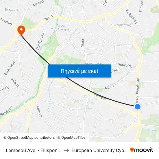 Lemesou Ave. - Ellispontou to European University Cyprus map