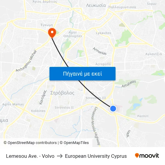 Lemesou Ave. - Volvo to European University Cyprus map