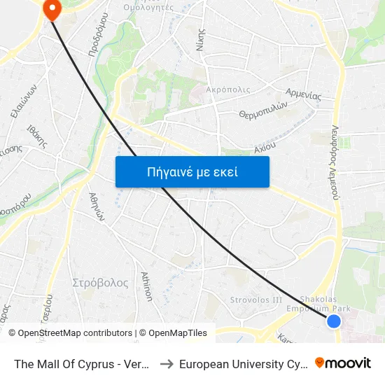The Mall Of Cyprus - Verginas to European University Cyprus map