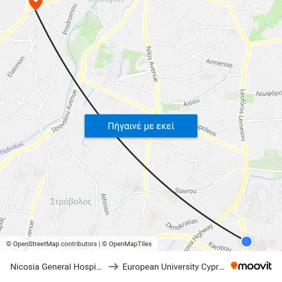 Nicosia General Hospital to European University Cyprus map