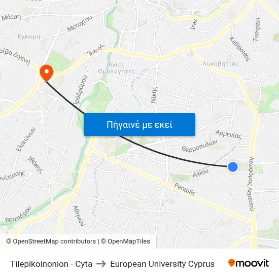 Tilepikoinonion - Cyta to European University Cyprus map