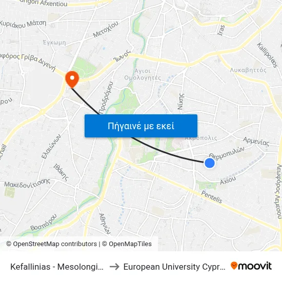 Kefallinias - Mesolongiou to European University Cyprus map