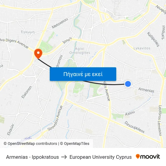Armenias - Ippokratous to European University Cyprus map
