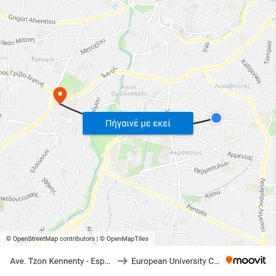 Ave. Tzon Kennenty - Esperidon to European University Cyprus map