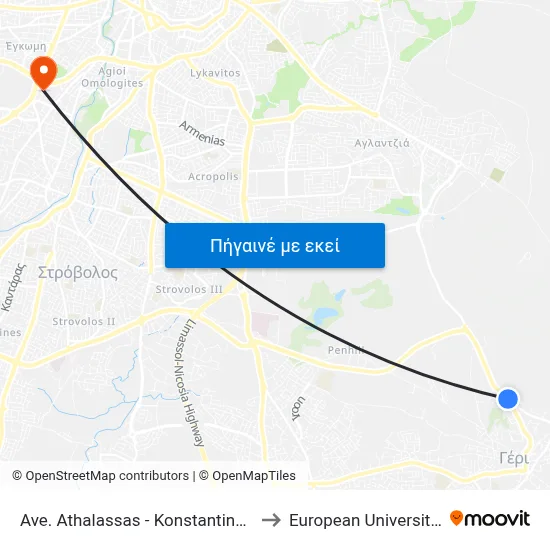 Ave. Athalassas - Konstantinou Giallourou to European University Cyprus map