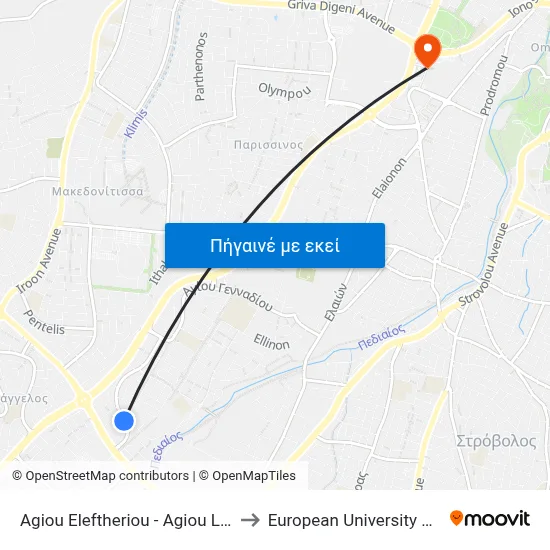 Agiou Eleftheriou - Agiou Lazarou to European University Cyprus map