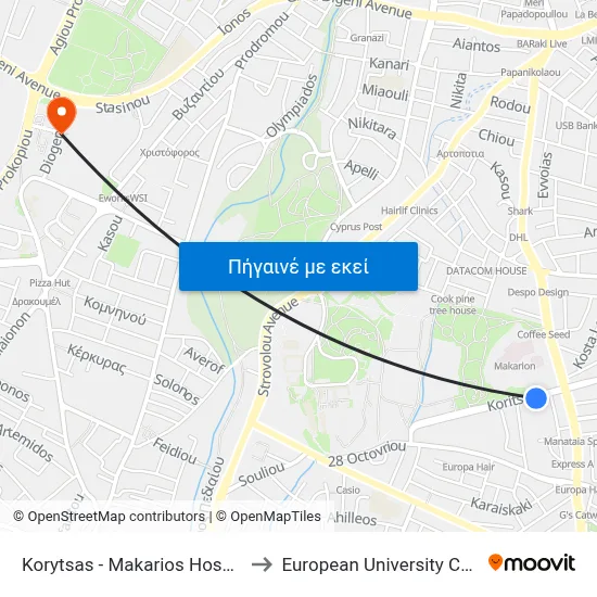 Korytsas - Makarios Hospital to European University Cyprus map