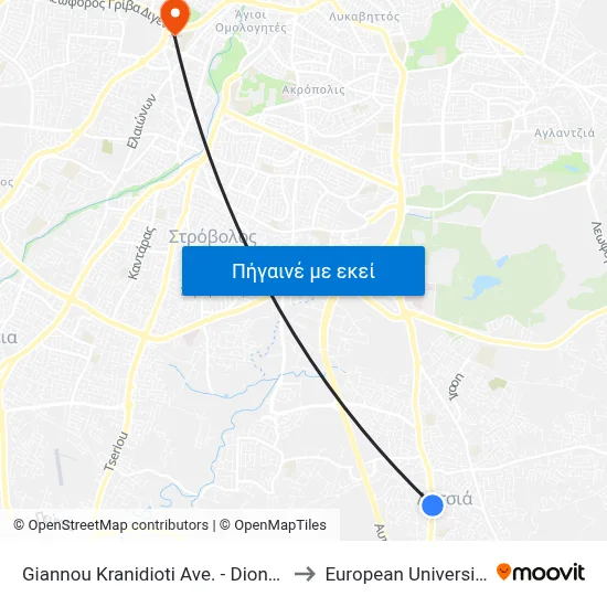 Giannou Kranidioti Ave. - Dionysiou Solomou to European University Cyprus map