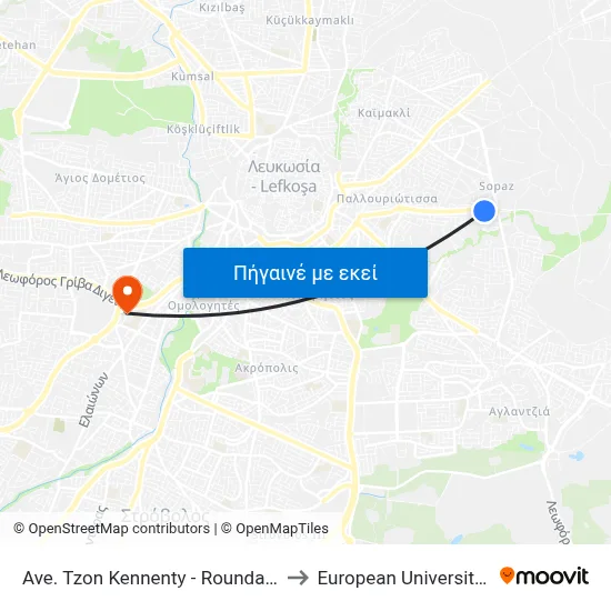 Ave. Tzon Kennenty - Roundabout Sopaz to European University Cyprus map