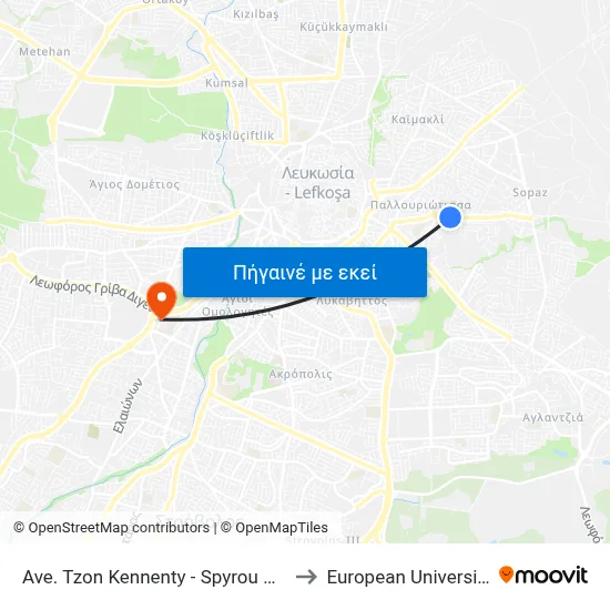 Ave. Tzon Kennenty - Spyrou Chatzigiakoumi to European University Cyprus map