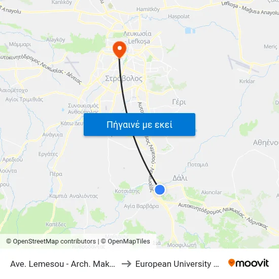 Ave. Lemesou - Arch. Makariou C to European University Cyprus map