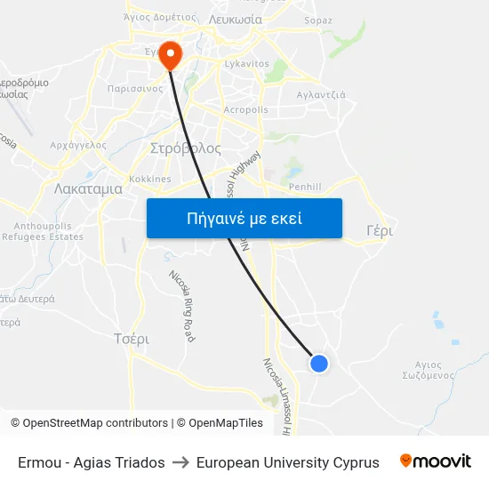 Ermou - Agias Triados to European University Cyprus map