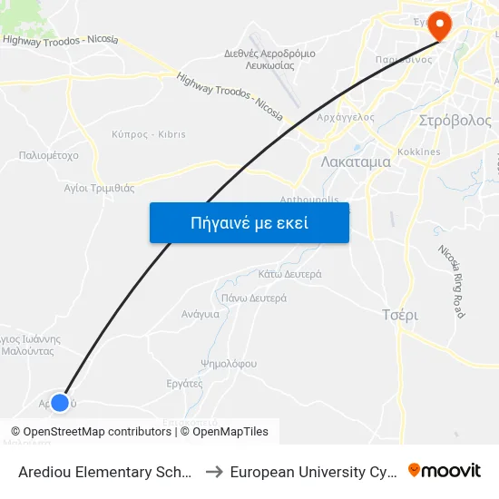 Arediou Elementary School 1 to European University Cyprus map