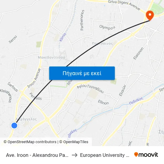 Ave. Iroon - Alexandrou Panagouli to European University Cyprus map
