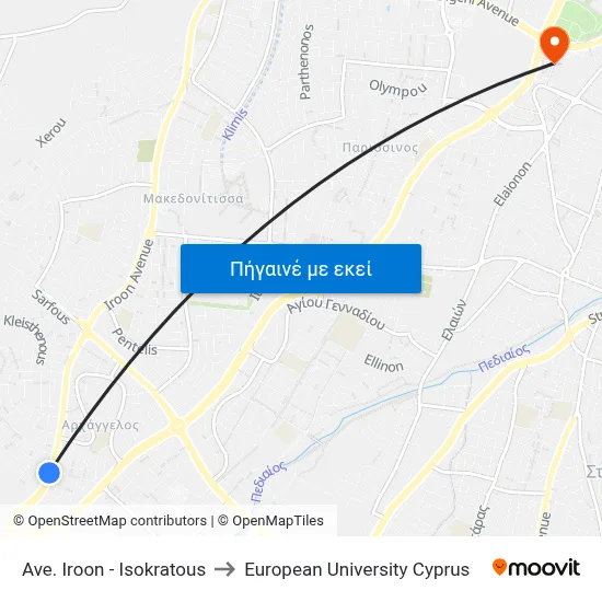 Ave. Iroon - Isokratous to European University Cyprus map