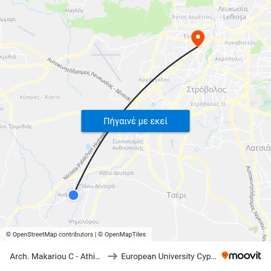 Arch. Makariou C - Athinas to European University Cyprus map