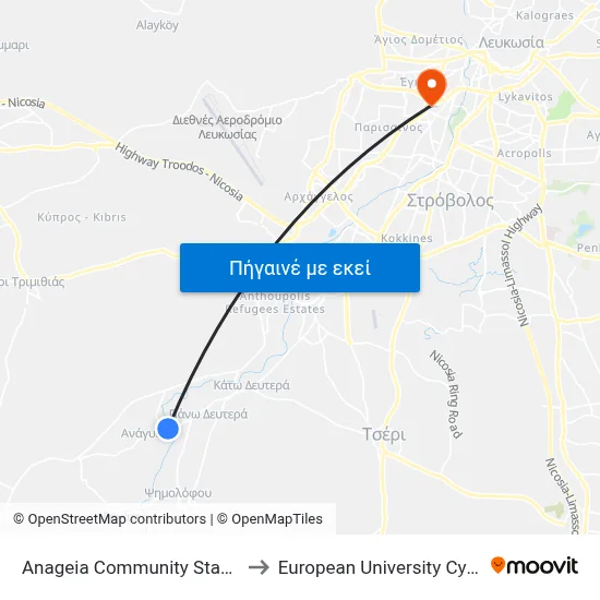 Anageia Comm. Stadium to European University Cyprus map