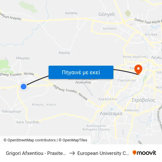 Grigori Afxentiou - Praxitelous 1 to European University Cyprus map