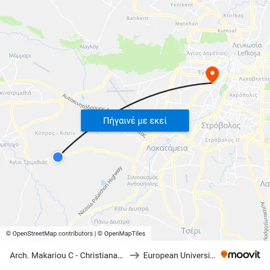 Arch. Makariou C - Christianas Christofidou to European University Cyprus map