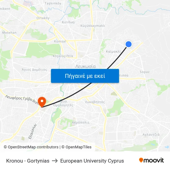 Kronou - Gortynias to European University Cyprus map