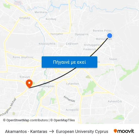 Akamantos - Kantaras to European University Cyprus map