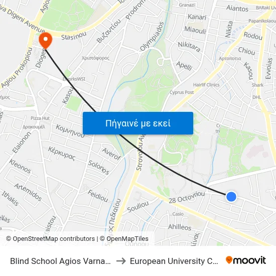 Blind School Agios Varnavas 2 to European University Cyprus map