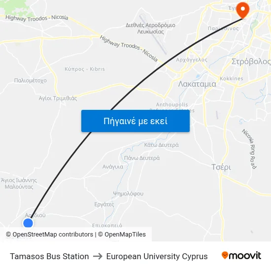 Tamasos Bus Station to European University Cyprus map