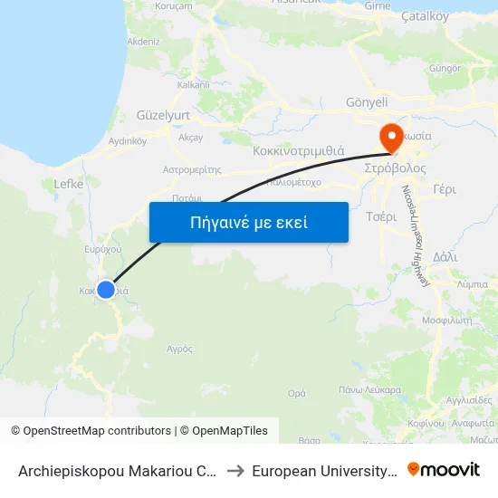 Archiepiskopou Makariou C Avenue 1 to European University Cyprus map