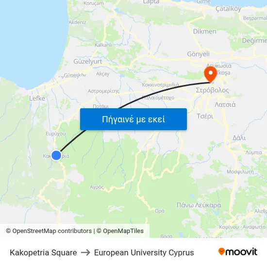 Kakopetria Square to European University Cyprus map