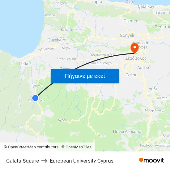 Galata Square to European University Cyprus map