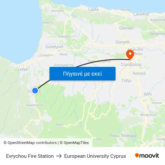 Evrychou Fire Station to European University Cyprus map
