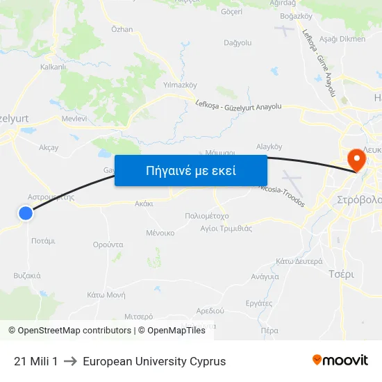21 Mili to European University Cyprus map